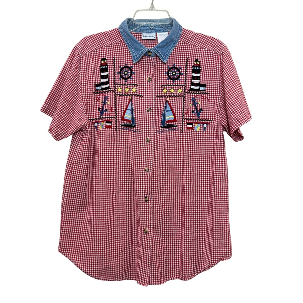 Bobbie Brooks Button Up Shirt Womens Large Red Gingham Nautical Coastal Preppy